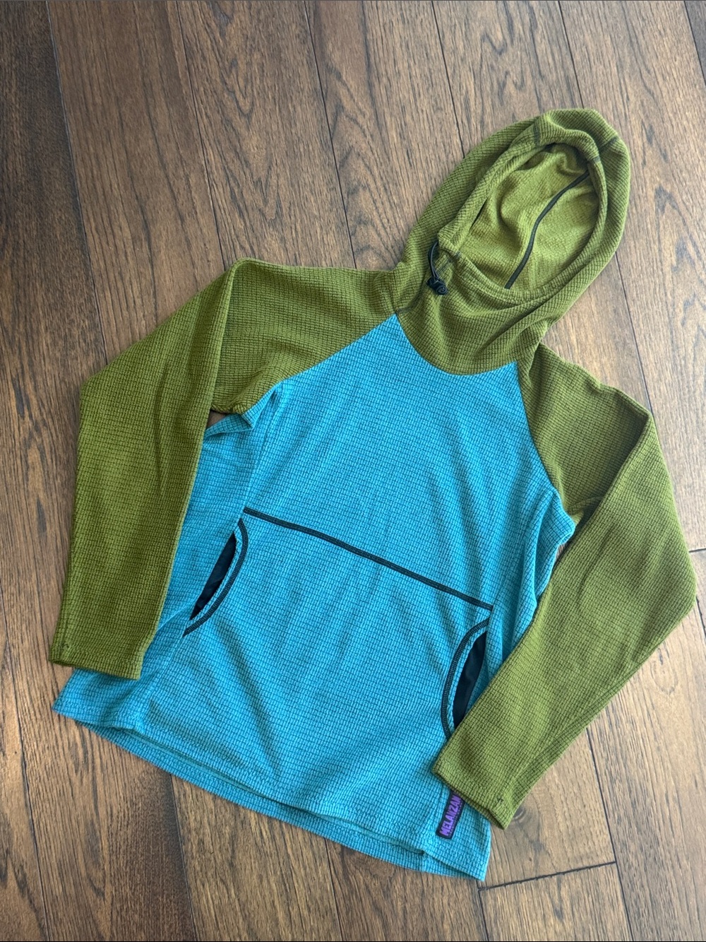 Melanzana Micro Grid Blue & Olive Green Hooded Pullover